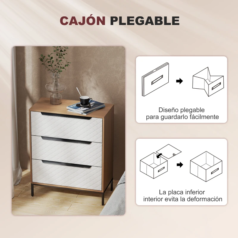 HOMCOM Cómoda con 3 Cajones de Tela Frentes con Patrón de Diamante para Salón Oficina Vestidor Natural y Blanco