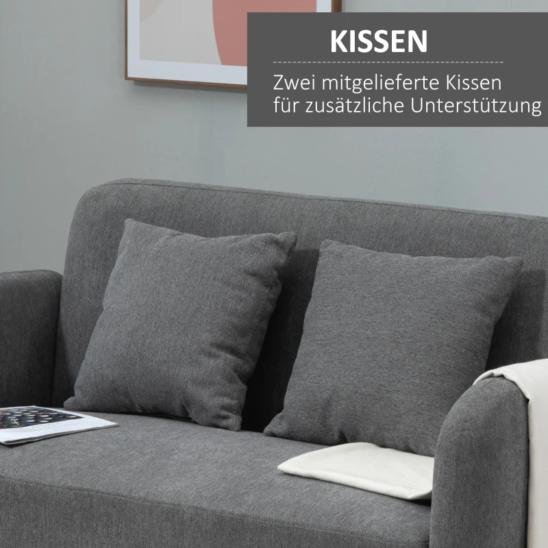 HOMCOM Kanapa 2-osobowa z 2 poduszkami dekoracyjnymi, mały loveseat, nowoczesna sofa tapicerowana o wyglądzie aksamitu do salonu, sypialni, małych pomieszczeń, szara 130 x 70 x 80 cm