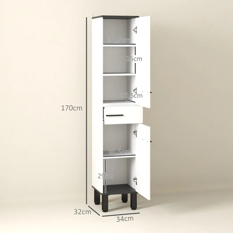 HOMCOM Armario Alto de Baño con Cajón 2 Puertas y Estantes Ajustable Mueble Auxiliar de Baño Anti-vuelco 34x32x170 cm Blanco