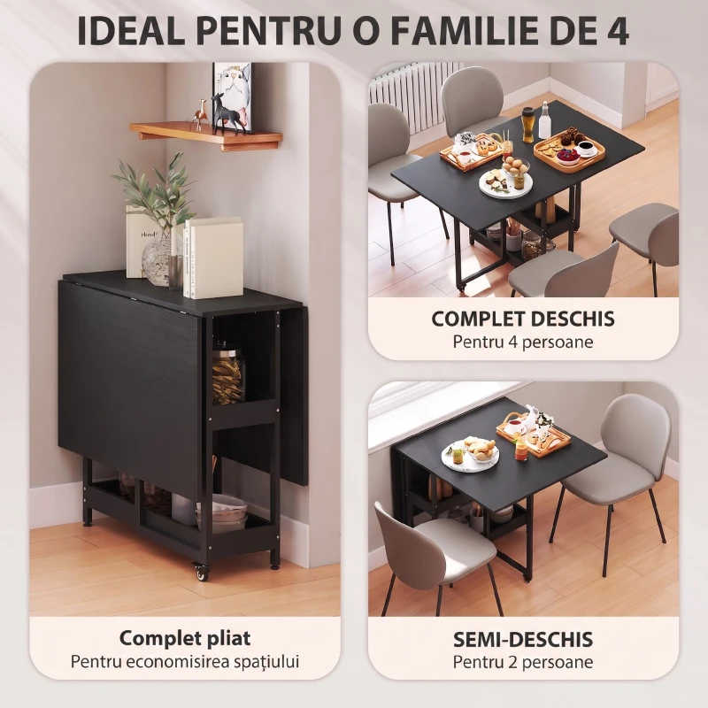 HOMCOM Masă Pliabilă cu Roți, Extensii Laterale Rabatabile și Compartimente Deschise, Negru
