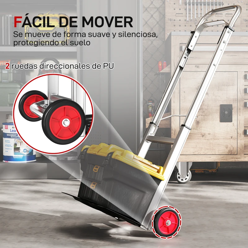 HOMCOM Carretilla de Mano Plegable de Aluminio Carga 90 kg con Ruedas Mango Telescópico Ajustable 40x41x108 cm Plata y Negro