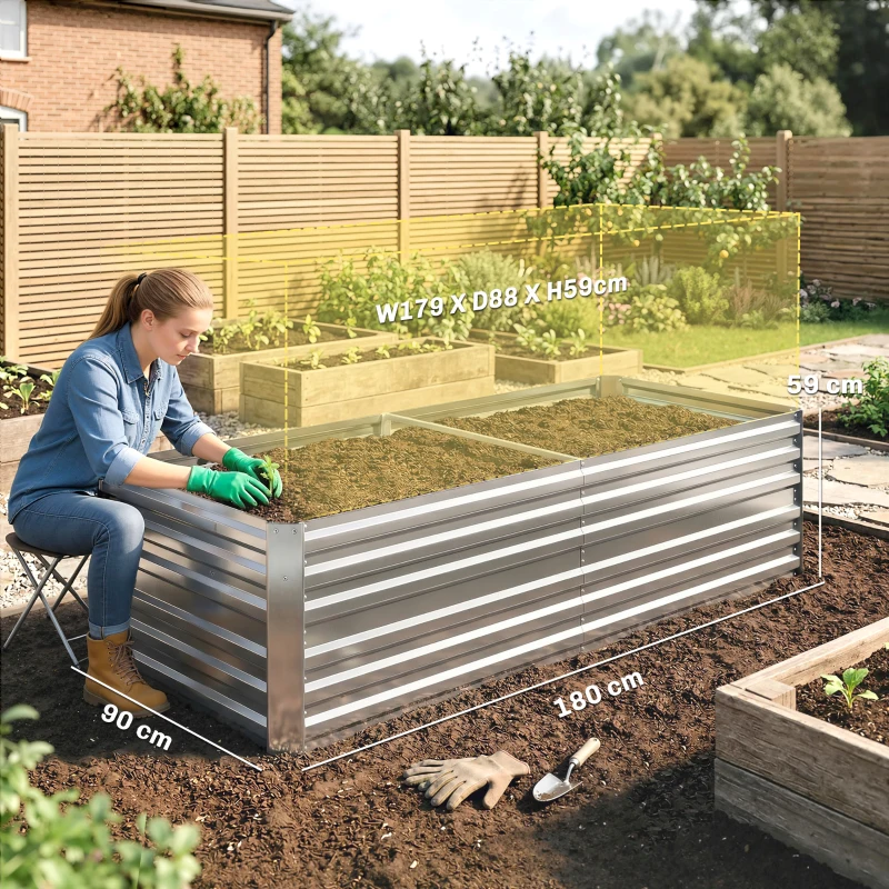 Outsunny Plantenbak, Handzaam Bloembed voor Planten, Koesteren en Verzorgen, Verhoogde Bed, Staal, Zilver
