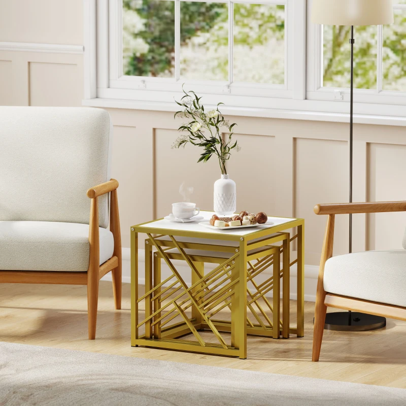 HOMCOM Nesting Coffee Tables, Set of 3 Square Side Tables with Gold Metal Frame, for Living Room, Bedroom and Office, White