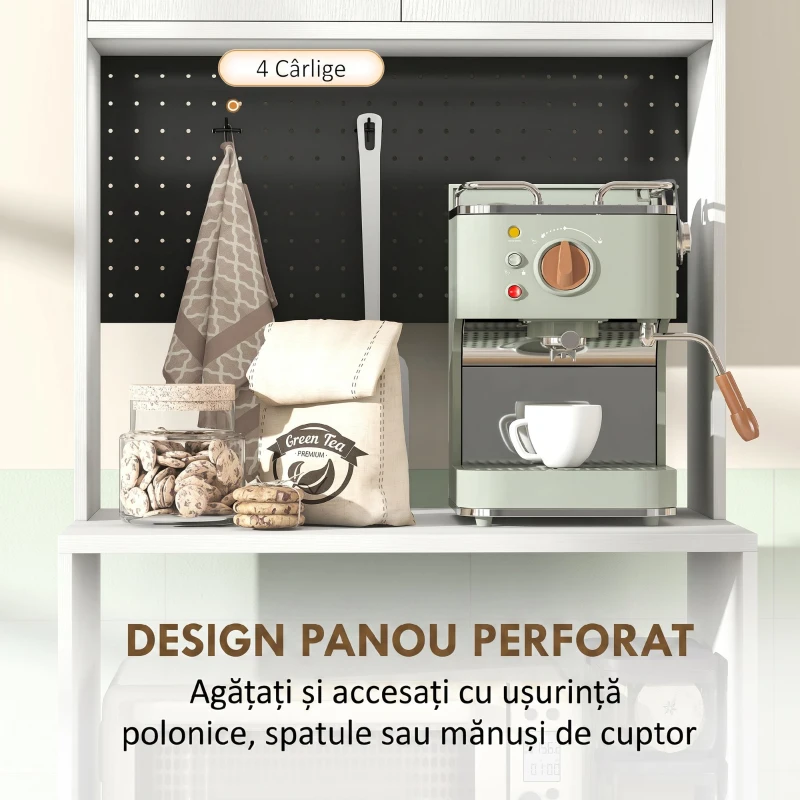 HOMCOM Dulap pentru Microunde cu Dulap, Blat de Lucru, Mobilă de Bucătărie cu 2 Sertare, Panou Metalic, 4 Cârlige, Raft Reglabil pentru Bucătărie, Sală de Masă, Living, Alb