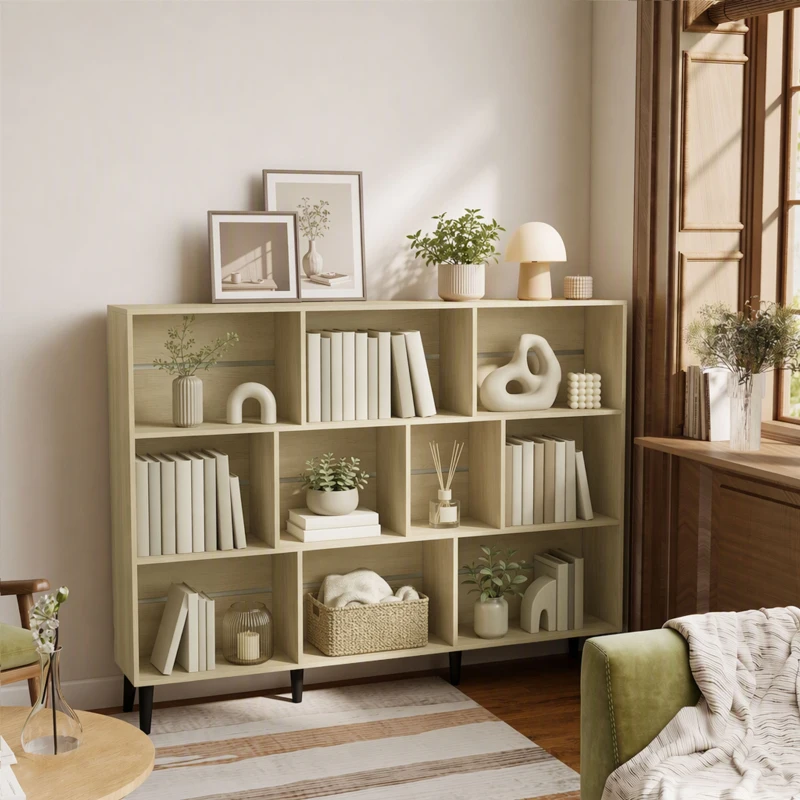 HOMCOM 10-Cube Bookcase, 3-Tier Book Shelf with Solid Wood Legs, 140 cm Modern Bookshelf with Anti-Tip Kit, Oak