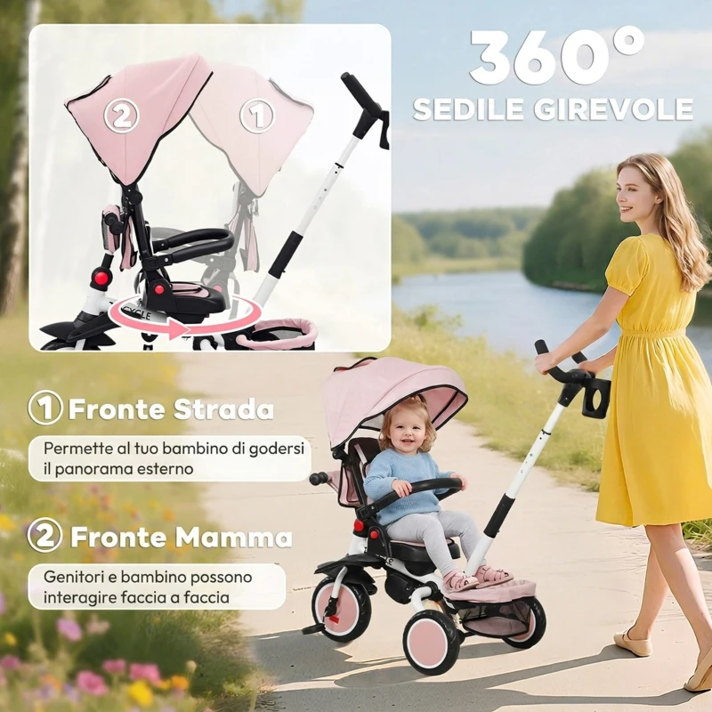 AIYAPLAY Triciclo per Bambini 6 in 1 con Maniglione di Spinta e Sedile Girevole, 111.5x52x98 cm, Rosa