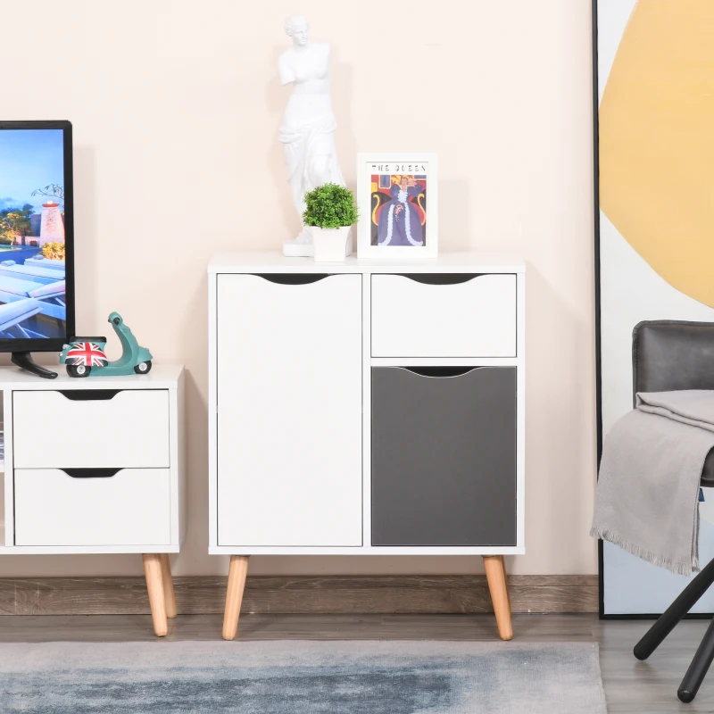 HOMCOM Sideboard Floor Cabinet Storage Cupboard with Drawer and Solid Wood Legs for Bedroom, Living Room, Entryway, Grey