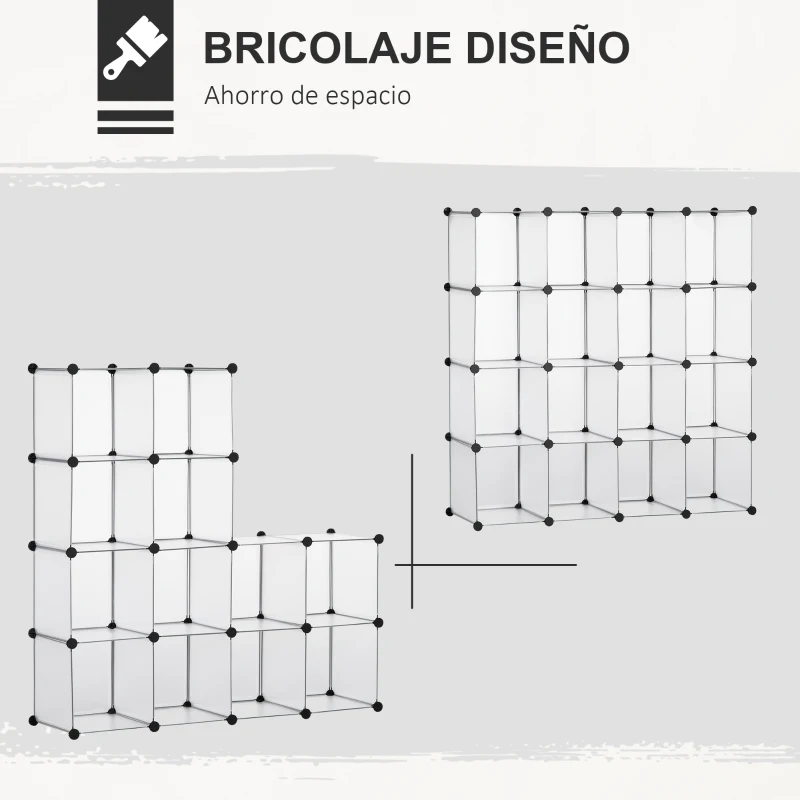 HOMCOM Armario Modular de Plástico Zapatero Organizador con 16 Cubos para Entrada Pasillo Dormitorio 125x32x125 cm Transparente
