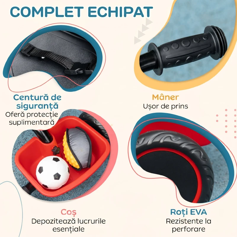 AIYAPLAY Tricicletă pentru Copii 2-5 Ani, cu Șezut Reglabil, Coș și Apărătoare de Noroi, Roșie