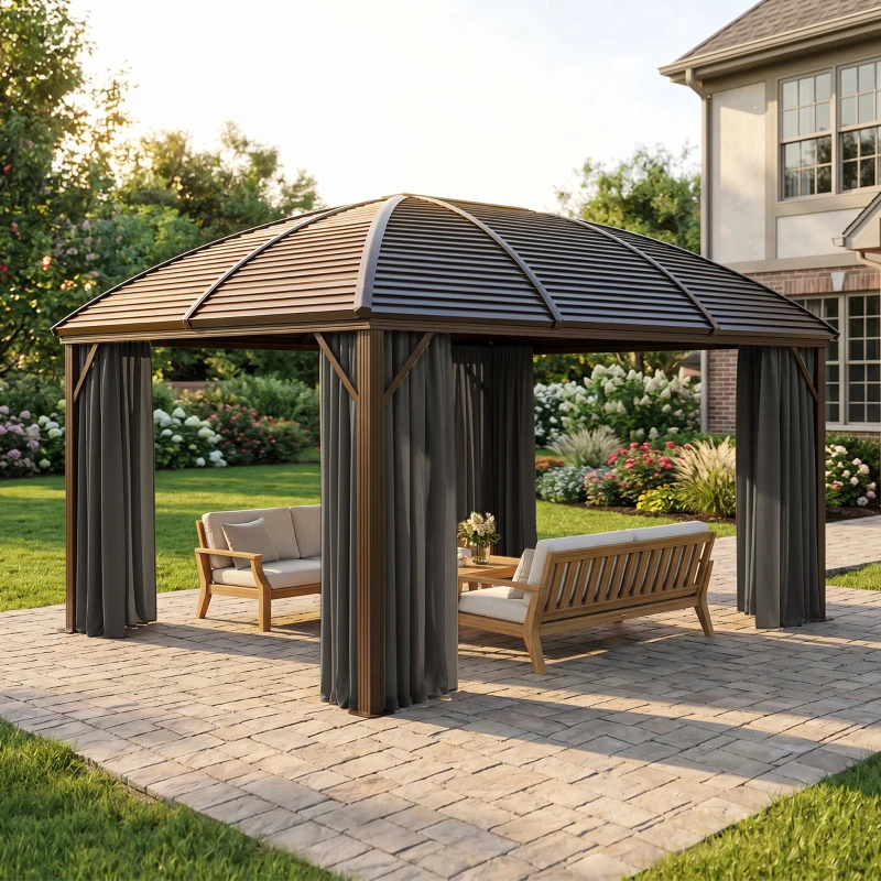 Outsunny 3 x 4m Hardtop Gazebo Canopy with Metal Roof, Aluminium Gazebo Permanent Pavilion with Netting and Curtains, Dark Grey
