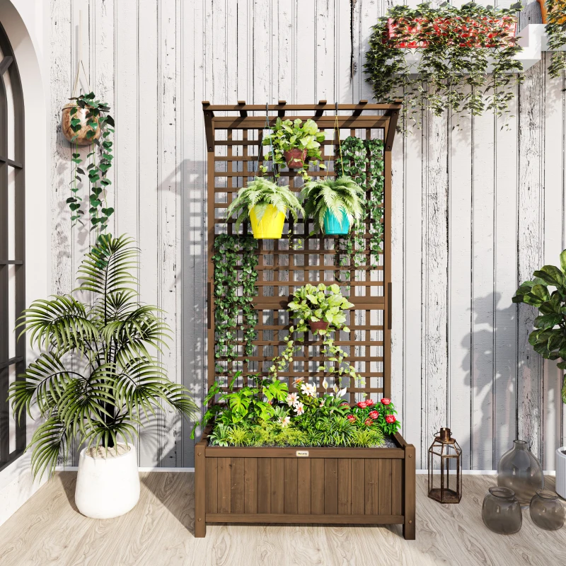 Outsunny Jardinieră Ridicată pentru Exterior cu Spalier și Bară Superioară, Jardinieră din Lemn de Brad cu Găuri de Drenaj pentru Flori și Legume, pentru Grădină și Balcon, Cafeniu Întunecat