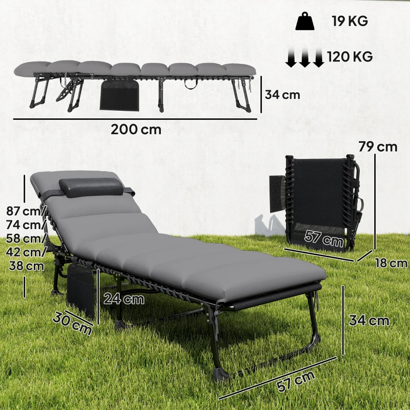 Outsunny Lot de 2 Bains de Soleil Transat de Jardin Matelas XXL 9cm Inclinable 180° Plat Pliable à 5 Positions 200x57x38cm Gris