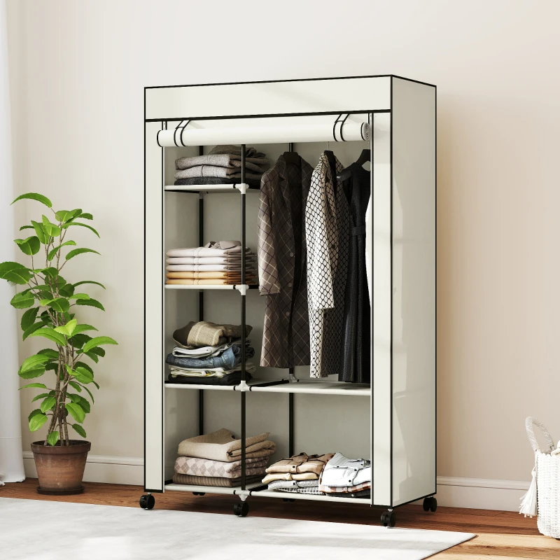 HOMCOM Armoire penderie en tissu meuble de rangement 6 roulettes tringle à vêtements et étagères ouvertes 103x43x162,5cm crème