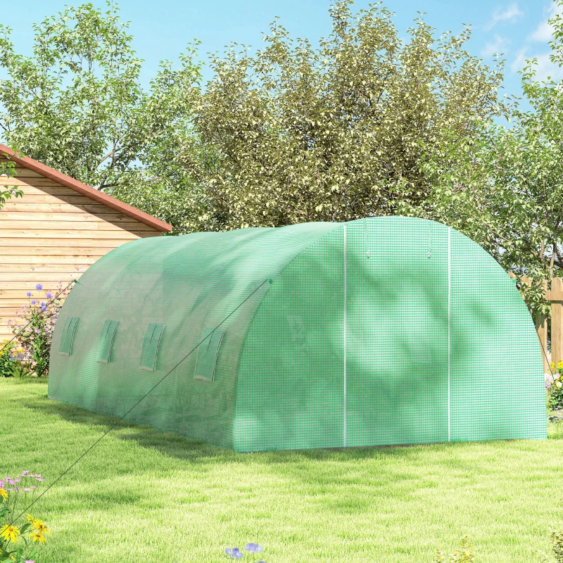 Outsunny Kas met folie, loopbaar, 8 ramen met vliegengaas, stevige folie, stalen frame, 6 x 3 x 2 m, groen