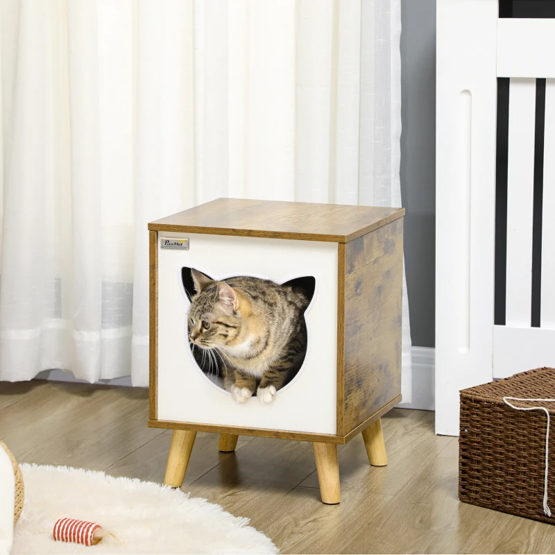 PawHut Caseta de Madera para Gatos Casa para Gatos Interior con Cojín Lavable y Patas Elevadas 34x34x44,5 cm Marrón