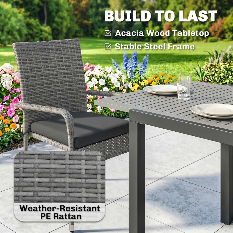 Outsunny 7 Piece Rattan Garden Furniture Set, 6 Seater Garden Table and 6 Stackable Chairs with Extendable Acacia Wood Tabletop