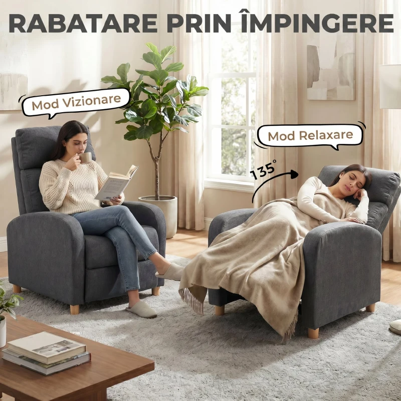 HOMCOM Fotoliu Relaxabil cu Suport pentru Picioare și Arcuri în Saci, Gri Închis