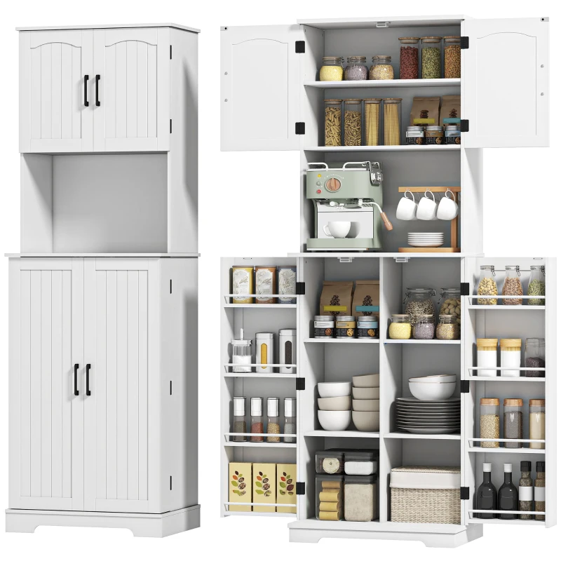 HOMCOM Credenza da Cucina Alta Stile Country, 2 Armadietti e 8 Portaspezie, 60x40x181.5 cm, Bianco