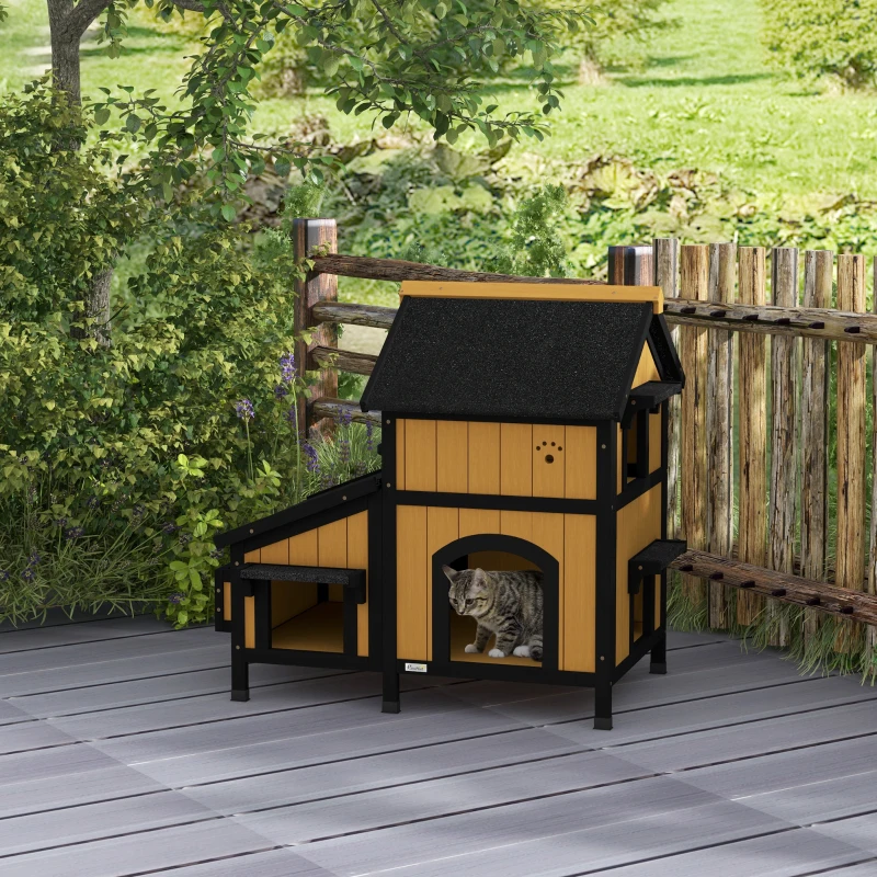 PawHut Wooden Cat House with Flower Pot, Windows, Multiple Entrances, Water-Resistant Roof for Outdoor - Yellow