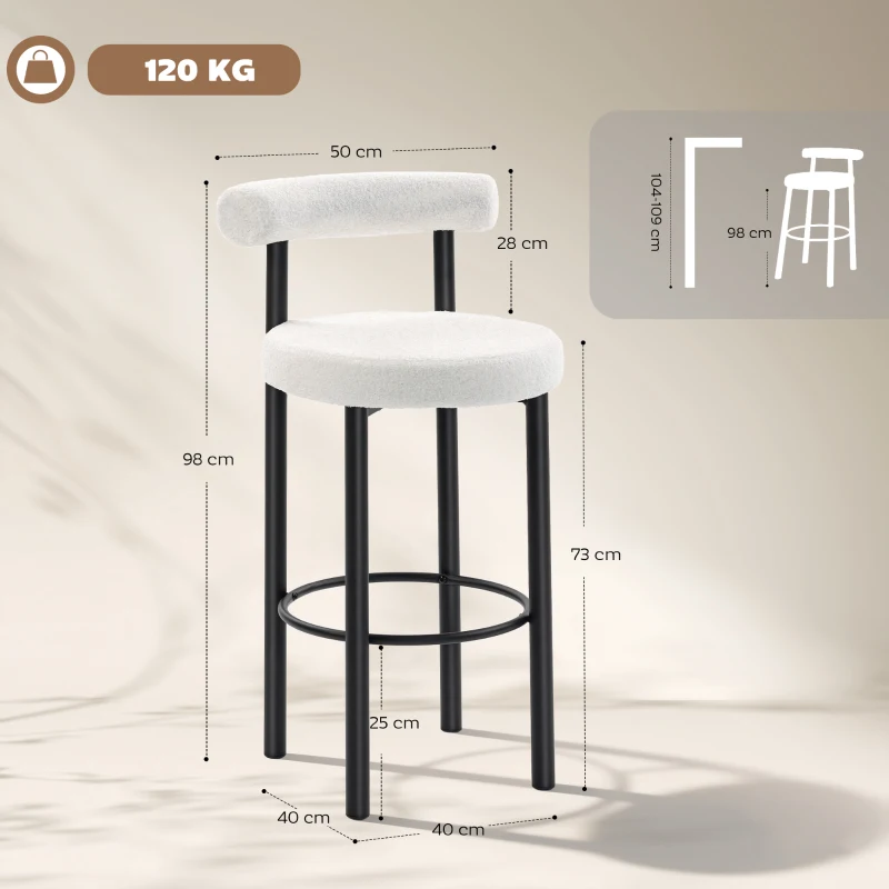 HOMCOM Lot de 2 tabourets de bar, chaises de bar en tissu bouclette avec dossier incurvé, repose-pieds, 50x52,5x98cm, blanc