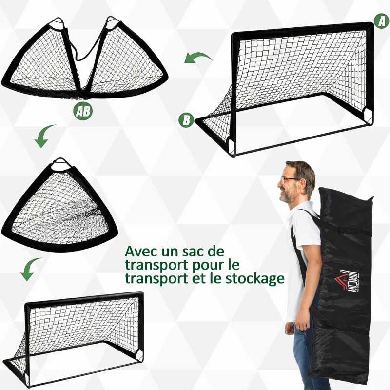 HOMCOM Lot de 2 but de foot extérieur, cage de foot portable avec sac de rangement en tissu Oxford 183 x 90 x 90 cm noir blanc