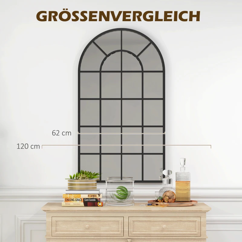 HOMCOM Decoratieve spiegel, grote spiegel, vensterlook, boogvormig, inclusief ophanging. Zwart + spiegelglas(m-7)