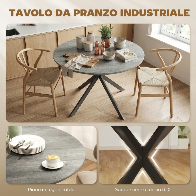 HOMCOM Tavolo da Pranzo Rotondo Stile Industriale con Gambe a Croce in Acciaio, Ø100x75 cm, Grigio