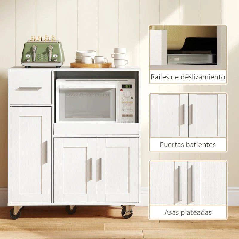 HOMCOM Mueble Auxiliar de Cocina con Ruedas Aparador de Cocina para Microondas con Bandeja Deslizante 80x40x88,7 cm Blanco