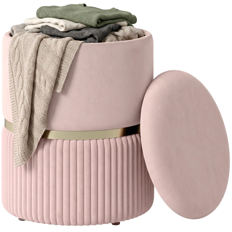 HOMCOM Pouf tabouret repose-pied coffre de rangement en velours côtelé 36 x 36 x 44 cm pour salon chambre rose