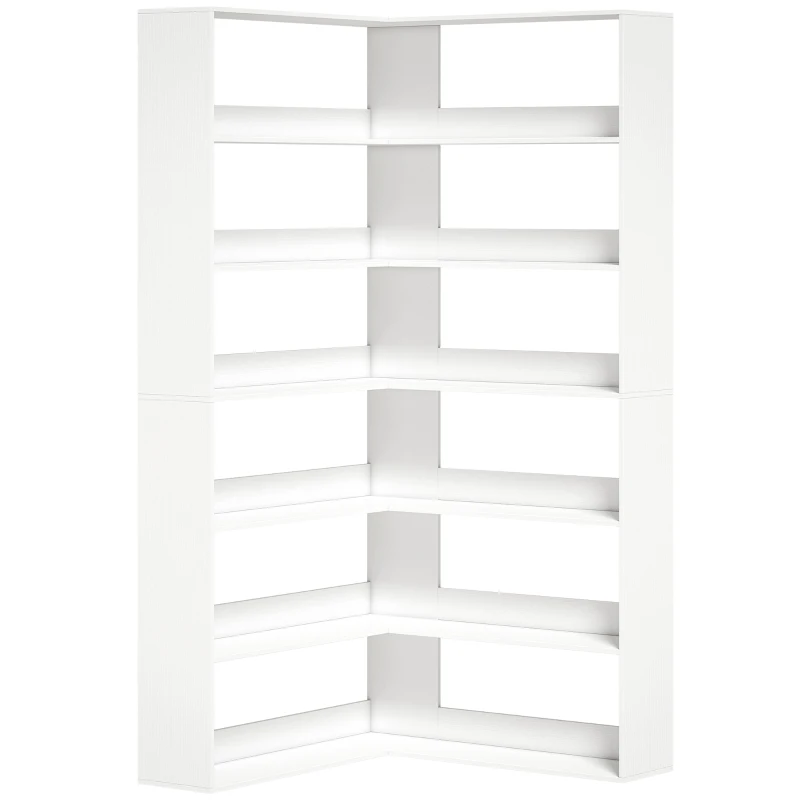 HOMCOM Boekenkast met 7 Lagen, L-vormig Hoekrek met Anti-slip Achterwand, Wit met Houtlook