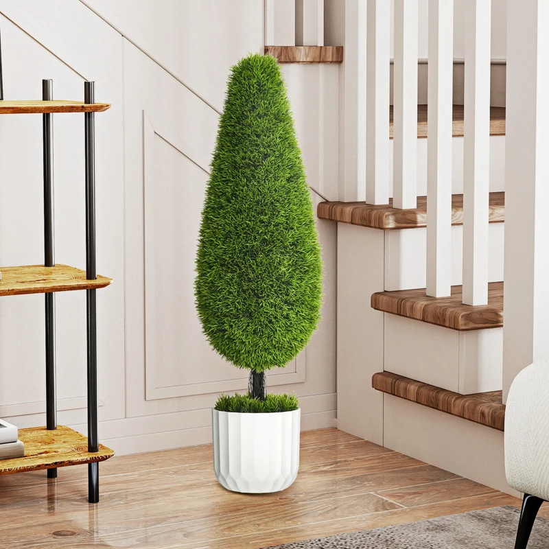 HOMCOM Set van 2 kunstplanten inclusief plantenbak en kunstmos; kunstcipres, wit en groen