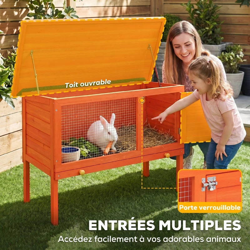 PawHut Clapier Lapin Extérieur en Bois, Toit Ouvrable en Asphalt et Plateau Coulissant, Design Surélevé, 90x45x65cm, Orange