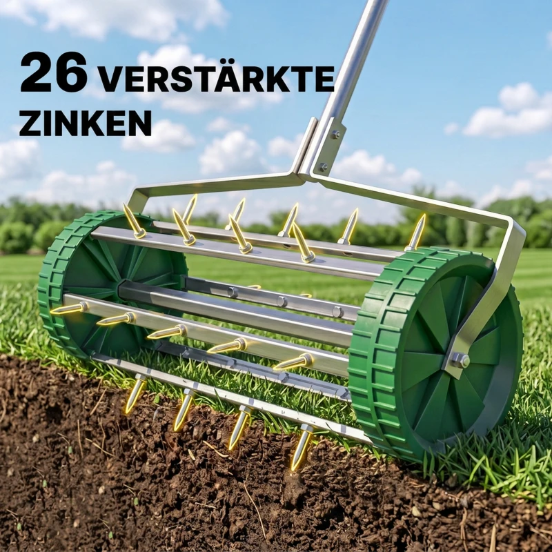 Outsunny gazonbeluchter handvat lengte verstelbaar handverticuteer gazonbeluchter spiked roller gazon rollende gazonbeluchter onderhoud tuin verzinkte buis groen + zilver 135 x 42,5 x 15 cm