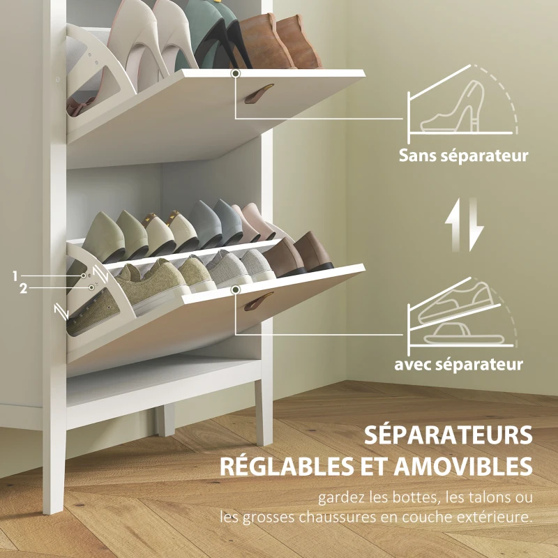 HOMCOM Meuble à chaussures 14 paires, armoire à chaussures avec 2 tiroirs rabattables, étagères amovibles et réglables, blanc