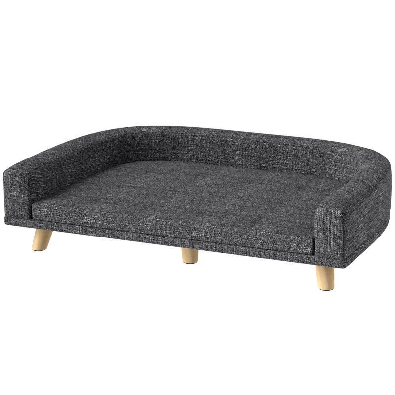 PawHut Canapé Chien Grand Lit surélevé pour Chien Coussin Lavable Cadre en Bois Tissu Polyester 98 x 67 x 25 cm Gris Foncé