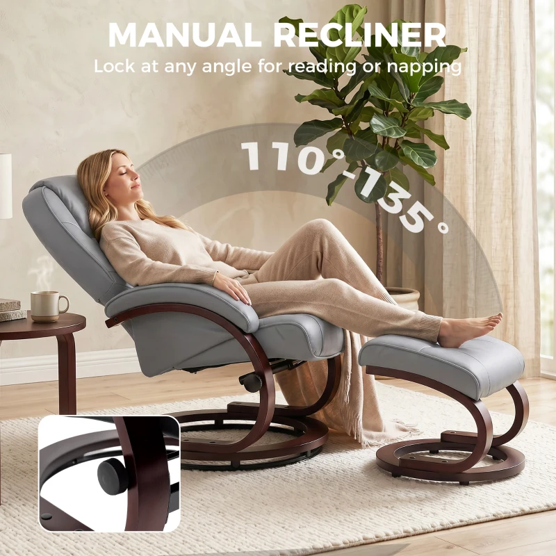 HOMCOM Swivel Recliner Chair with Footstool, PU Leather Recliner Armchair with Adjustable Back and Wood Frame, Grey