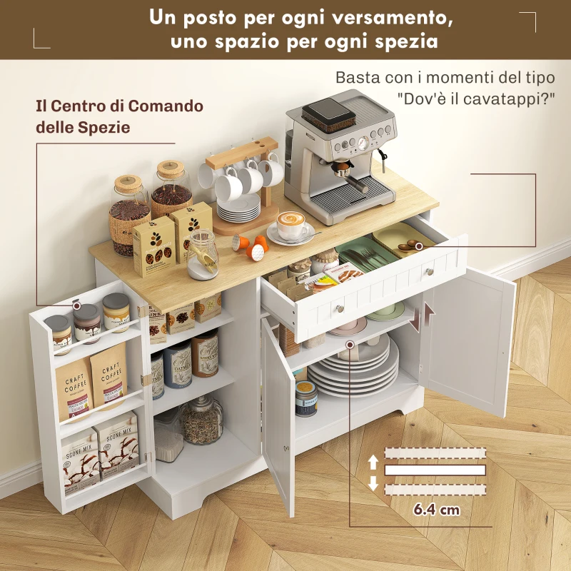 HOMCOM Credenza Moderna con Spazio di Archiviazione, Mobile Buffet con Cassetto, Ripiani Regolabili, Piccola Dispensa da Cucina con Ripiani Porta, Bianco