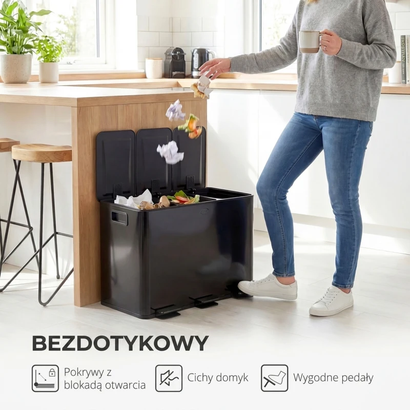 HOMCOM Kosz na śmieci z 3 komorami 20L, pokrywy z odświeżaczem, odporny na odciski palców, funkcja Soft-Close, wyjmowany, czarny