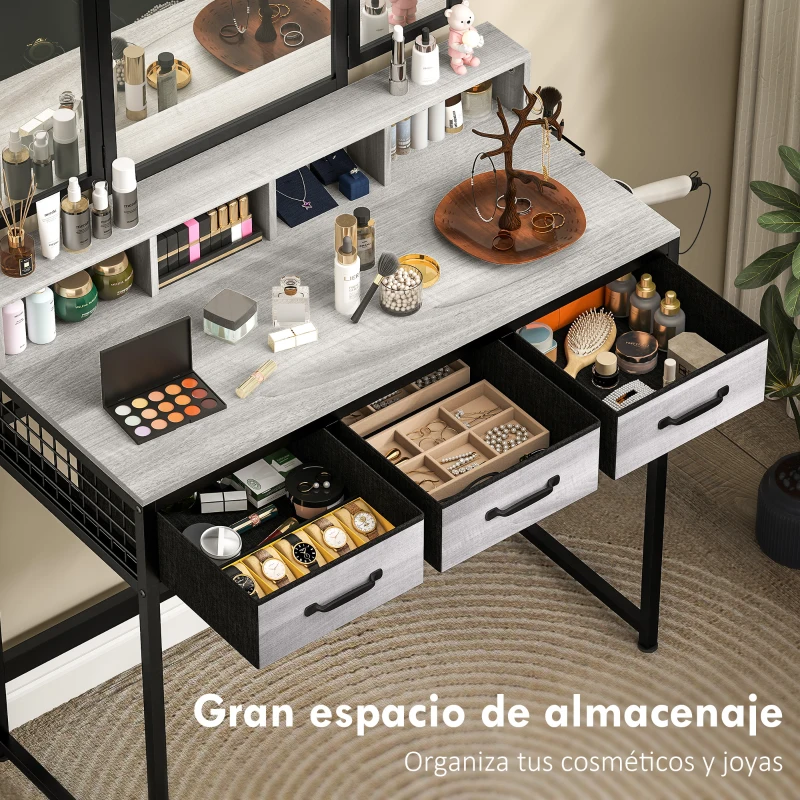 HOMCOM Tocador de Maquillaje con Espejo Tríptico Desmontable Taburete 3 Cajones de Tela Soporte para Secador de Pelo Gris