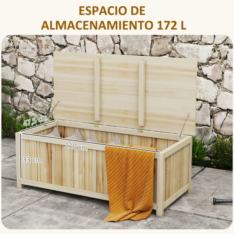 Outsunny Arcón Exterior de Madera 172 L Baúl Almacenaje con Tapa Abatible Resistente a la Intemperie para Jardín Madera Natural