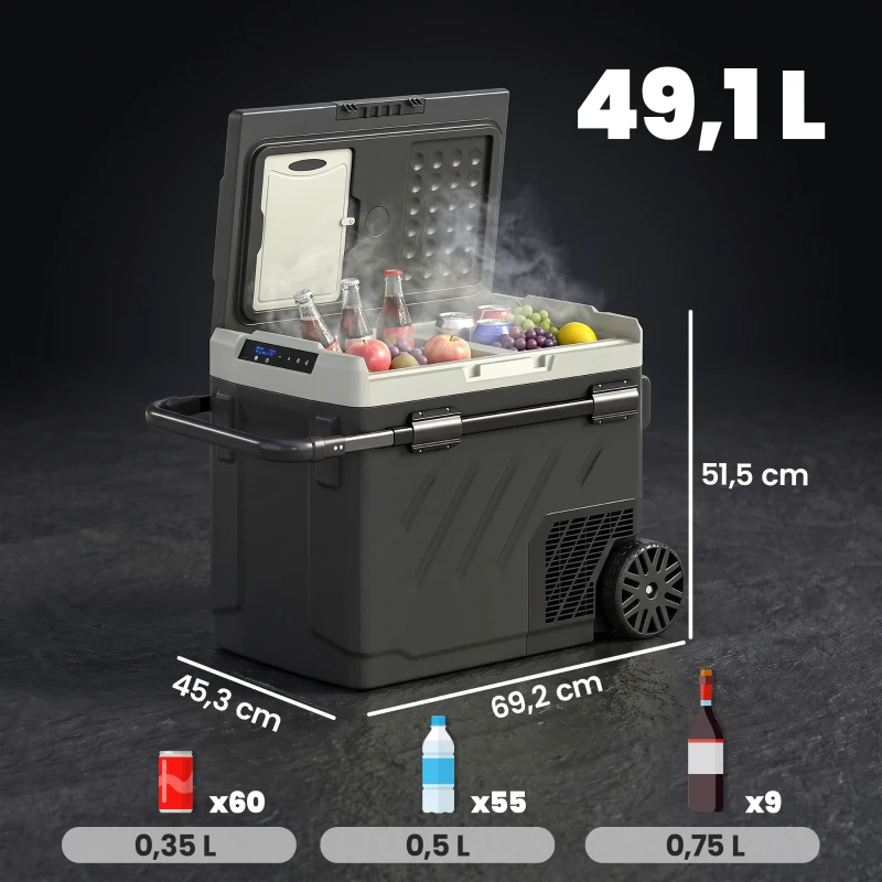 Outsunny Nevera Portátil Eléctrica 49L con Compresor Doble Zona Control por App Ruedas Asa Telescópica -20℃ a 20℃ y Puerto USB