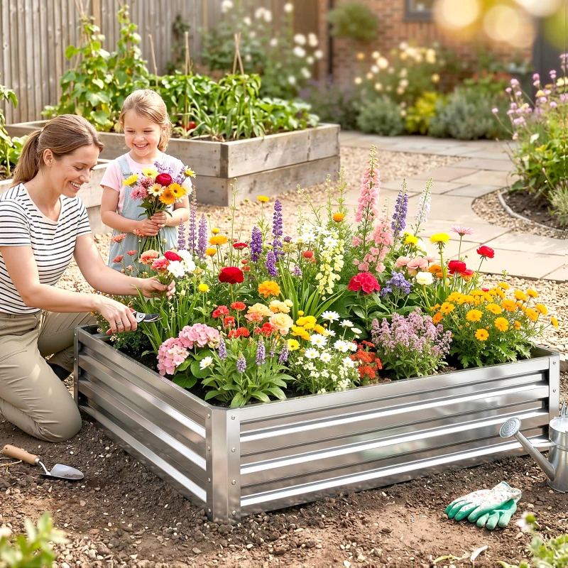 Outsunny Tuinbed, Plantenbak met Stalen Frame, Zilver, 120 x 120 x 30 cm