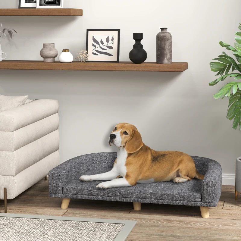 PawHut Canapé Chien Grand Lit surélevé pour Chien Coussin Lavable Cadre en Bois Tissu Polyester 98 x 67 x 25 cm Gris Foncé