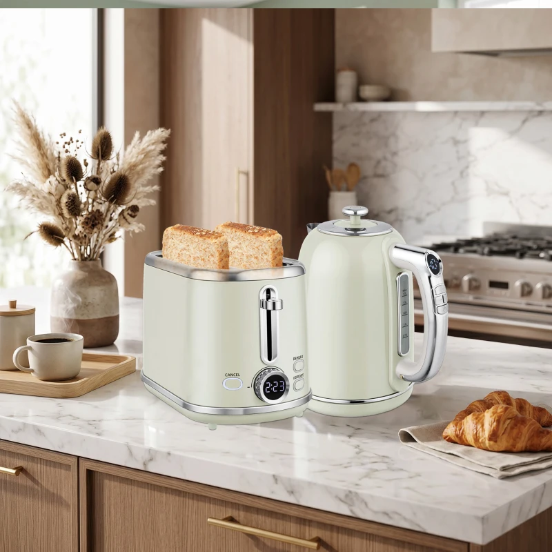 HOMCOM Ensemble bouilloire et grille-pain, bouilloire en acier inoxydable 1,7 L et 2200 W et grille-pain à 2 tranches, gris
