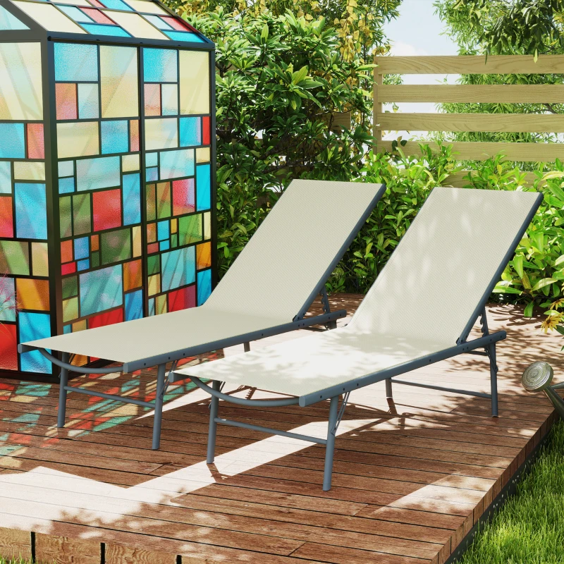 Outsunny Lot de 2 bain de soleil chaise longue pliante textilène transat jardin extérieur inclinable 54 x 164 x 84 cm crème