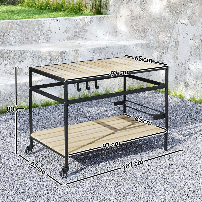 Outsunny serveerwagen, barbecuewagen met 2 planken en haken voor tuin en balkon