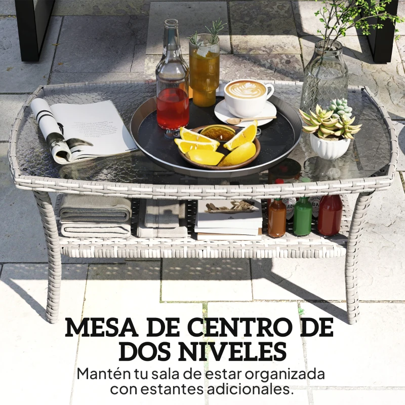 Outsunny Mesa de Jardín Exterior Rectangular de Ratán con Estante Tablero de Vidrio Templado con Ondas 90x50x45 cm Gris Oscuro