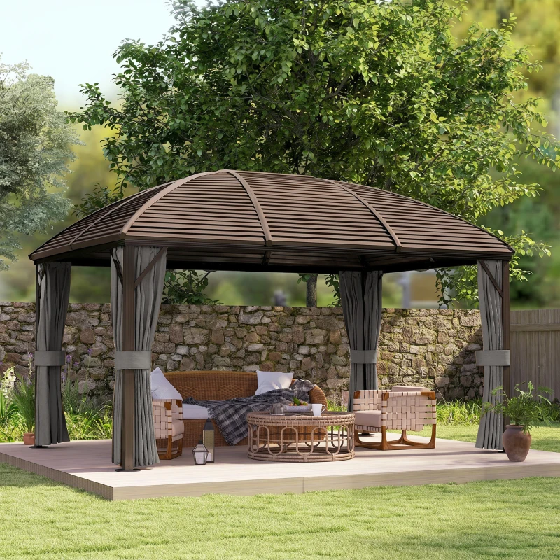 Outsunny 3 x 4m Hardtop Gazebo Canopy with Metal Roof, Aluminium Gazebo Permanent Pavilion with Netting and Curtains, Dark Grey