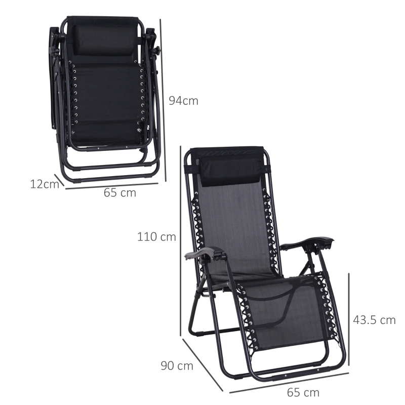 Outsunny Zero Gravity Chair Set of 2, Metal Frame Texteline Armchair Outdoor Folding and Reclining Sun Lounger with Head Pillow for Patio Decking Gardens Camping, Black