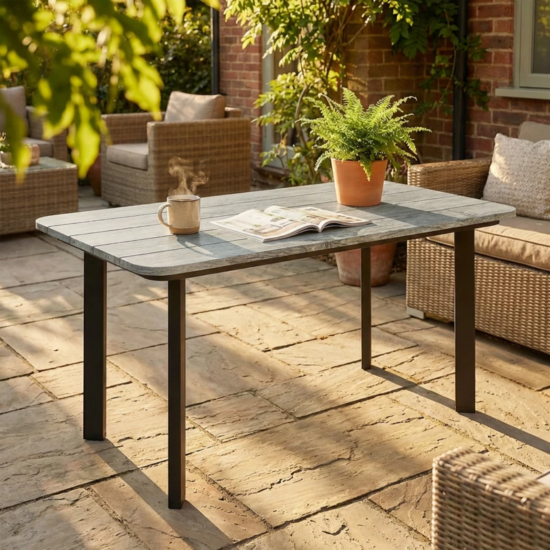 Outsunny Outdoor Garden Coffee Table, Garden Table with Slatted Wood Plastic Composite Top and Metal Frame, Grey